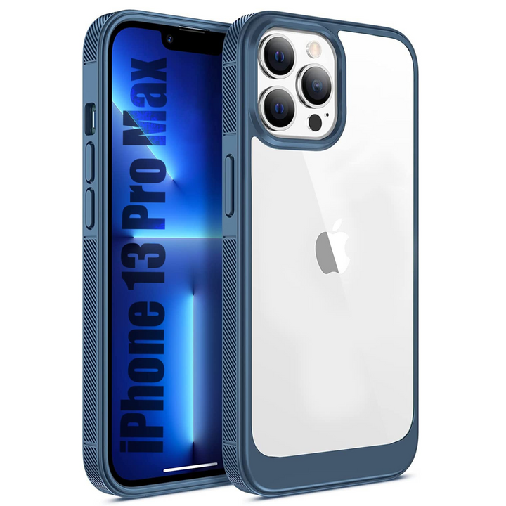 Polycarbonate Grip Case with Transparent Hard Back Cover For IPhone 13 Pro-Max (Military Blue)